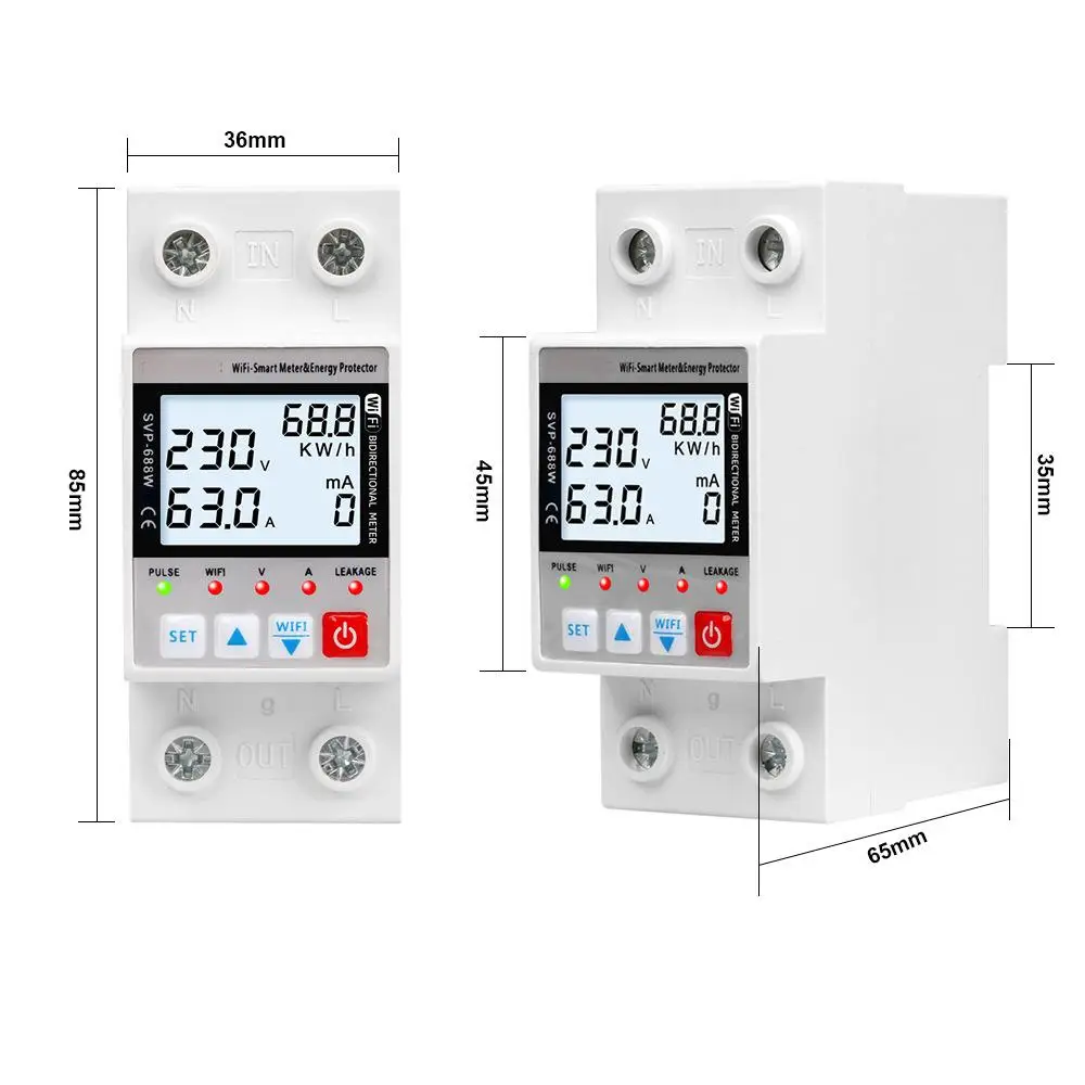 SVP-688W-B Tuya 63A WiFi Smart Earth Leakage Over Under Voltage Protector Relay Energy Meter KWh Switch Timer Remote Control