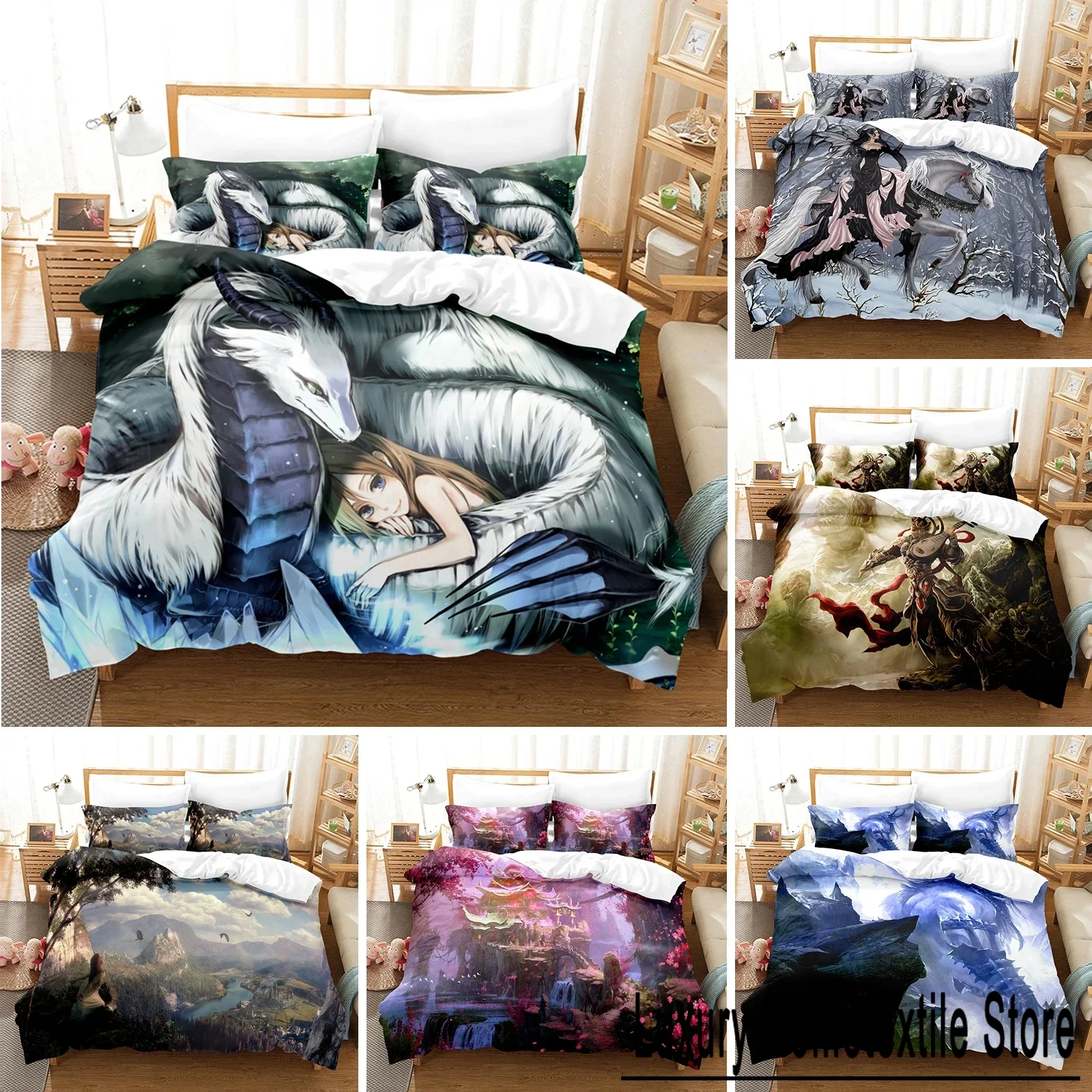 3D Printed Fantasy witch dragon Alien world Bedding Set Down Quilt Cover with Pillowcase Double Complete Queen King Bedding