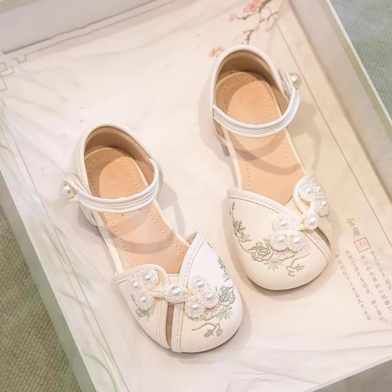 Summer Girl Embroidered Hanfu Princess Sandals Children Soft-soled Breathable Mary Jane Shoe Kids Single-strap Beach Casual Shoe