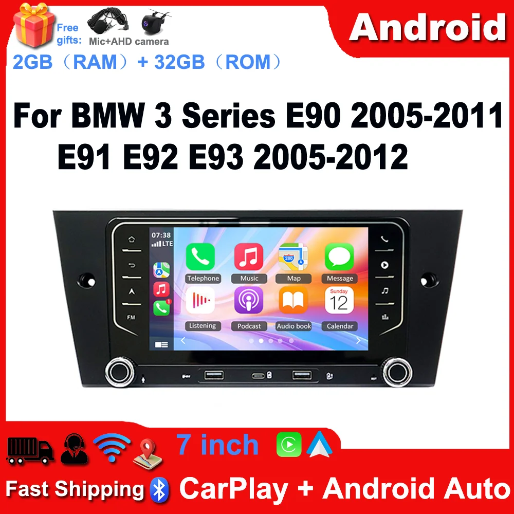 7-Zoll-Autoradio mit Android 14, Carplay, Android Auto, SWC, RDS, FM-Radio, GPS-Navigation, Headunit, WLAN, Bluetooth, 2+32G für BMW 3er E90 2005-2011, E91, E92, E93 2005-2012