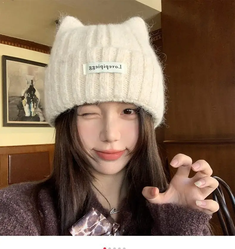 Cute Cat Ear Knit Beanie Winter Warm Slouchy Skull Cap Trendy Crochet Hat for Women Girls Soft Headwear