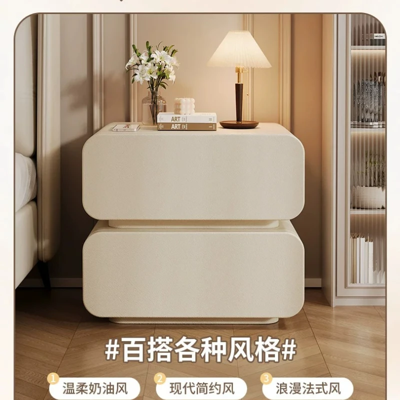 Cream Split Modular Upholstered Nightstand Double Layer Storage Bedside Cabinet Rounded Corner Minimalist Bedroom Side Furniture