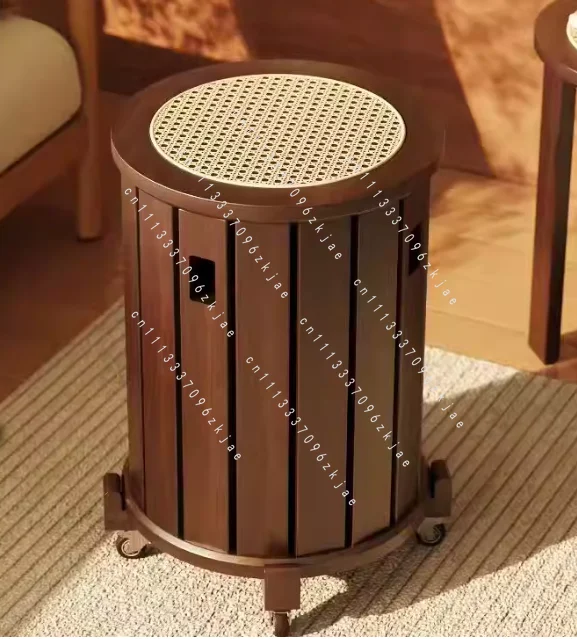 Wood Round Stool with Rattan Seat, Breathable Woven Wicker Stool for Living Room/Dining, Stackable Space Saving Extra Seating