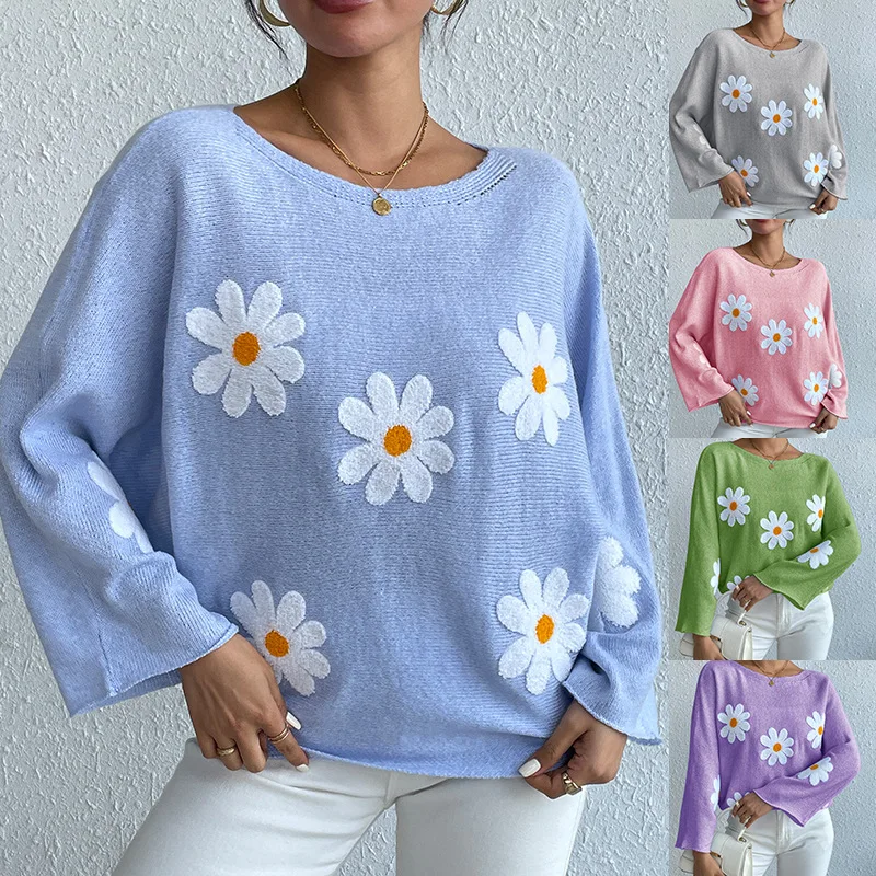 Sweet Floral Loose Knit Top European and American New Style Embroidered Off-Shoulder Pullover Sweater