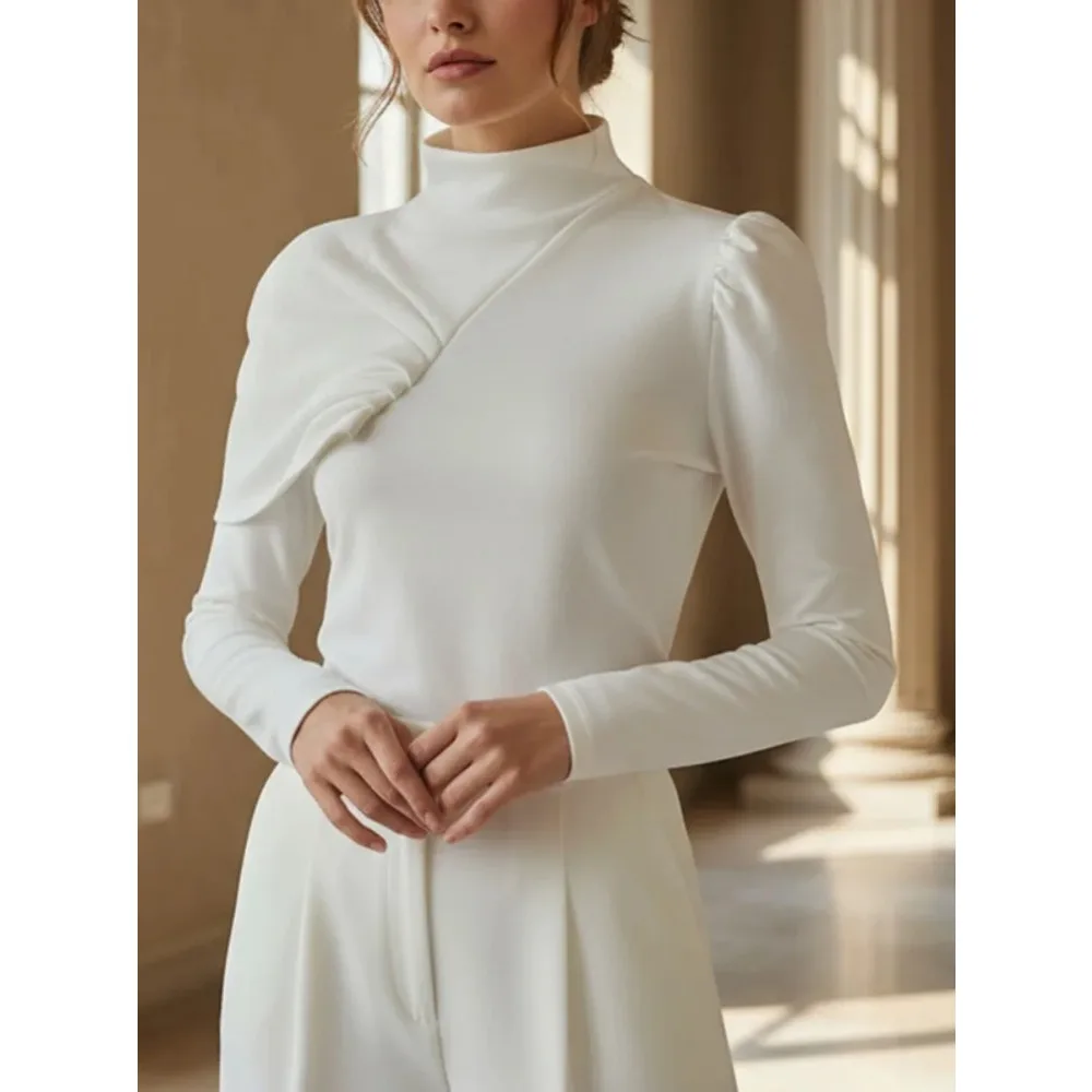 Greenora 2026 New Women's High Neck White Tops Asymmetrical Twist Front Long Sleeves Loose Fit Elegant Party Office T-shirts