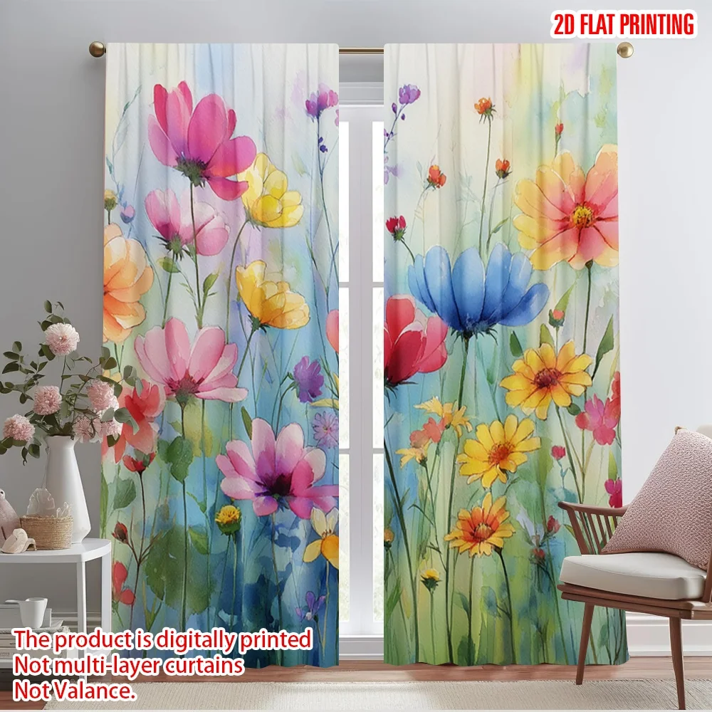 

2pcs 2D flat printing Party Window Curtains Floral Watercolor Garden Flowers Polyester Without Electricity Birthday Party for