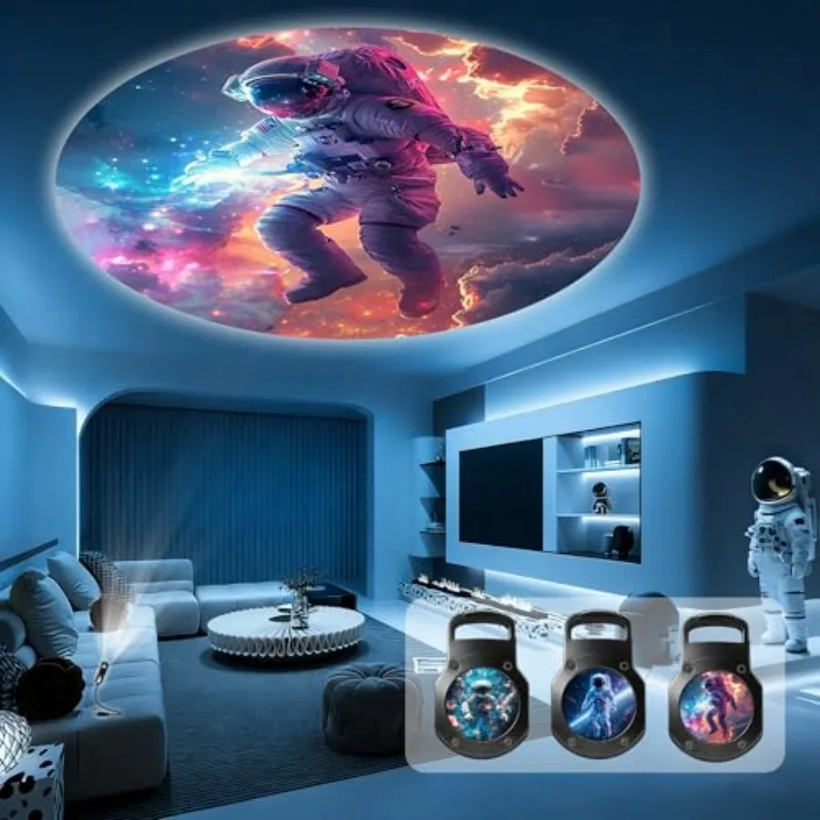 

Astronaut-Themed Projection Light with 3 Interchangeable Slides, USB-Powered LED Ambient Light, Creating an immersive Cosmic St