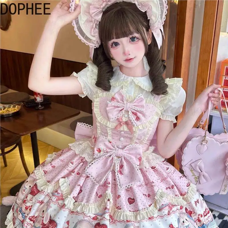 Original Spring Summer Cute Bunny Lolita Cake Dress Off Shoulder Elegant Ruffles Sleeveless Bow Trailing Students Princess Dress