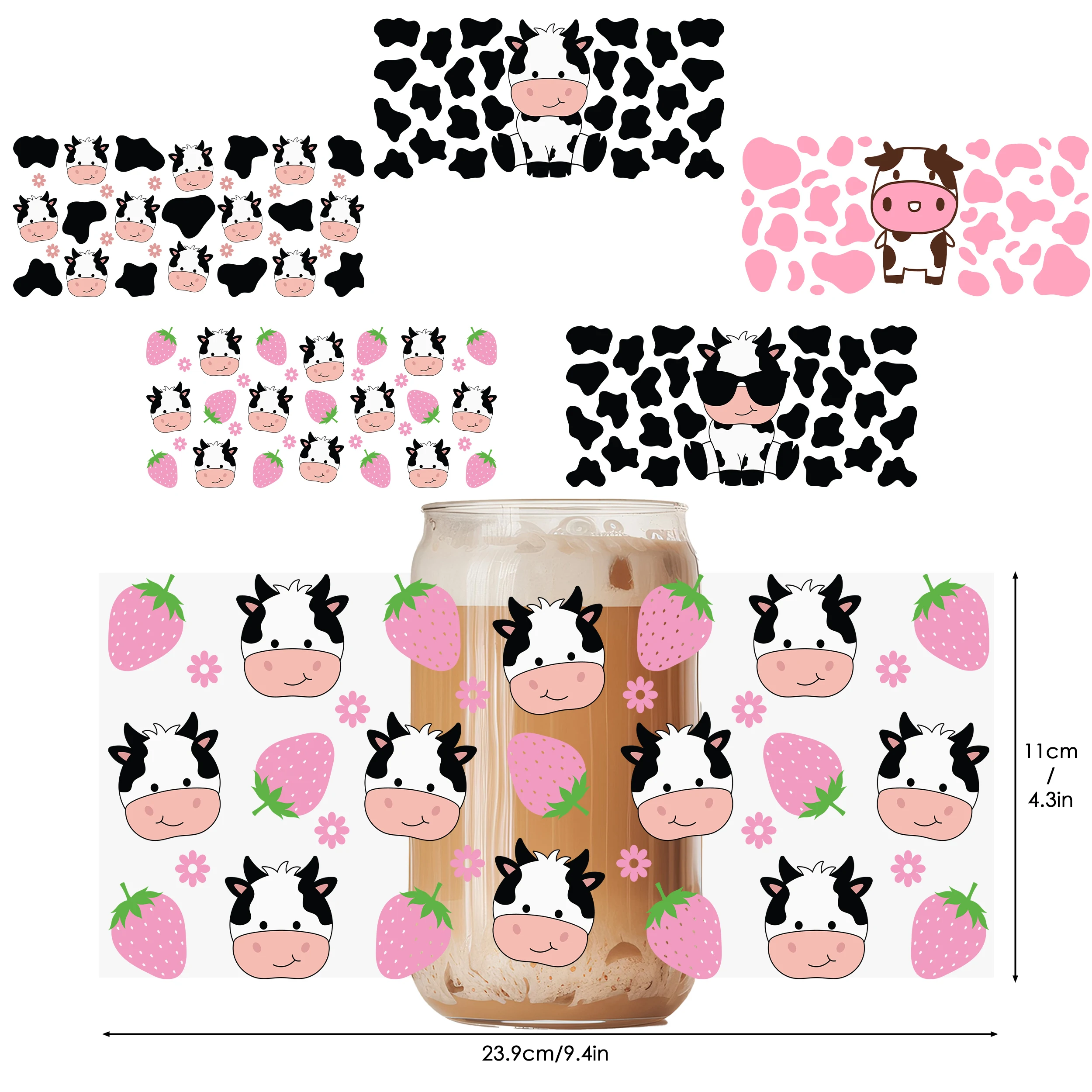 5pcs Cow & Strawberry UV DTF wraps: waterproof, scratch-resistant, fits 16oz jars, DIY labels, crystal-look, 11x24cm