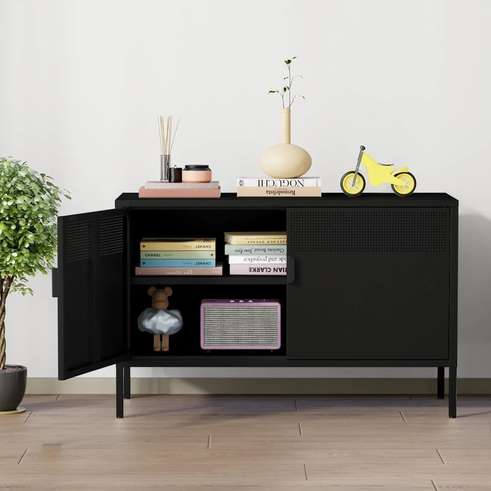 

Wide 39.4 Metal Storage Cabinet, Low Profile Cabinet with 2 Mesh Doors & Adjustable Shelf, for Kitchen Pantry, TV Stand, O