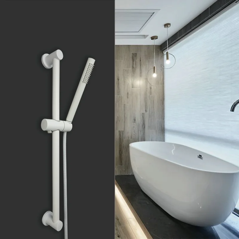 White sliding rod manual shower set, brass handheld shower, adjustable stainless steel rod, 1.5m shower hose