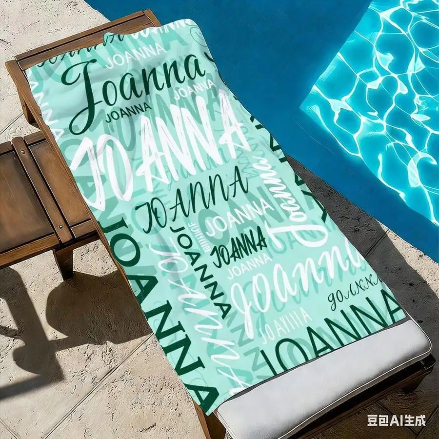 Personalized Joanna Typography Beach Towel, Modern Artistic Collage Design With Teal Mint Green And White Fonts, Ultra-Soft Quick-Drying Absorbent Sand-Proof Microfiber For Swimming Pool Camping Trave view 6