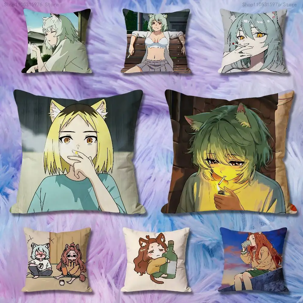 Chainsmoker Cat  Y-Yaniko Anime Celebrity Merchandise All-Match Printed Pillow Case Sofa Car Office Room Decoration Protector