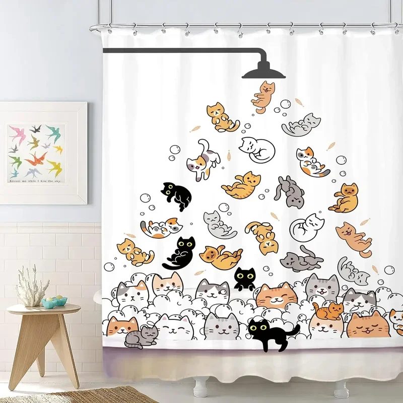 Funny Cat and Dog Shower Curtain Kids Cartoon Cute Pet Animals Bathtub Rain Shower Curtains Polyester Bathroom Decor with Hooks