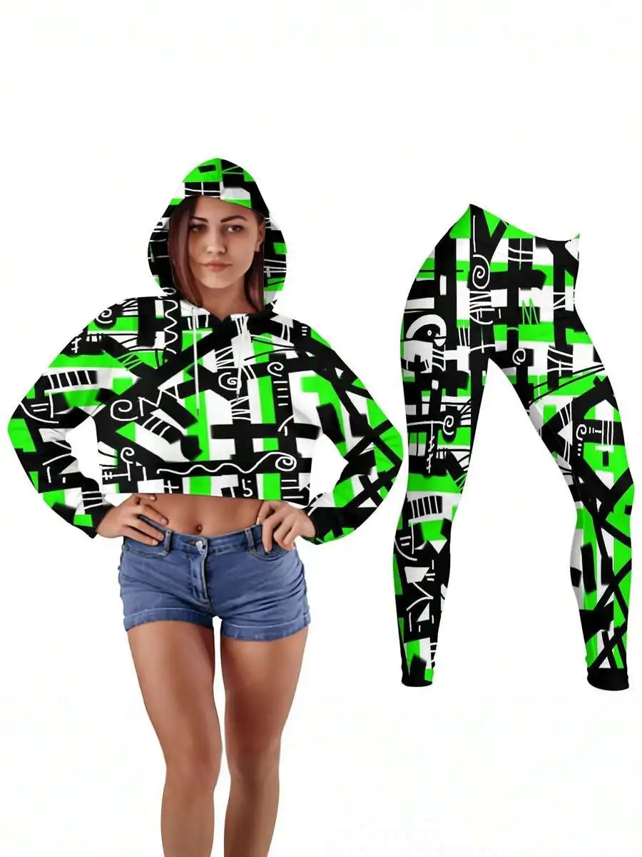 Womens Cropped Hoodie And High Waist Leggings Set Abstract Pattern Green Black White Y2K Aesthetic Activewear