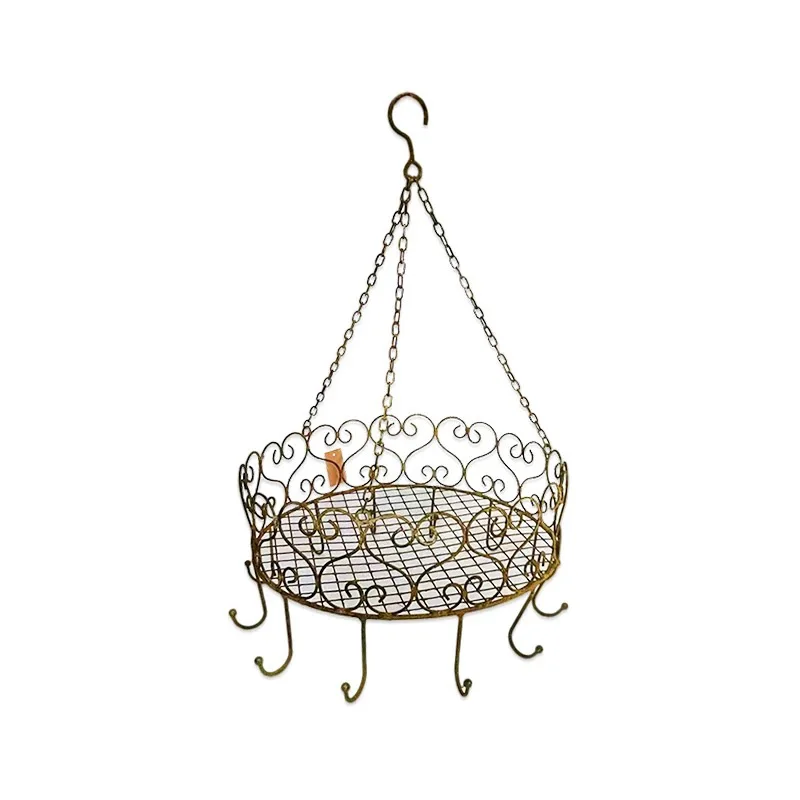 Vintage Metal Hanging Plant Shelf, Decorative Iron Wire Basket with Heart Design, Wall Mount Storage Rack, Bronze, 41x30x18cm
