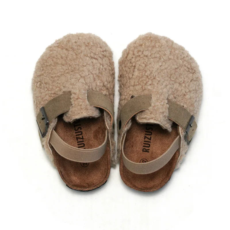 Child Baby Boys Girls Warm Fuzzy Slipper Plush Sandals Cork Faux Fur Flats Toddler Prewalker Slipper Elastic Back Strap