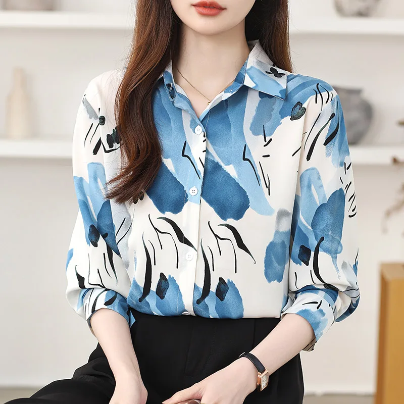 Women's Clothing Vintage Hong Kong Style Chiffon Shirt Spring Autumn Chic Button Turn-down Collar Blouses Print Long Sleeve Tops