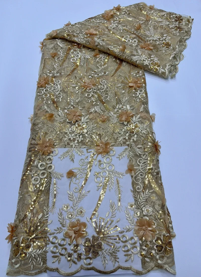 

Latest Embroidery 3D Flower Lace Fabric High-Quality African Sequins Lace Fabric Mesh 5 Yards for Women's Wedding Party Dresses