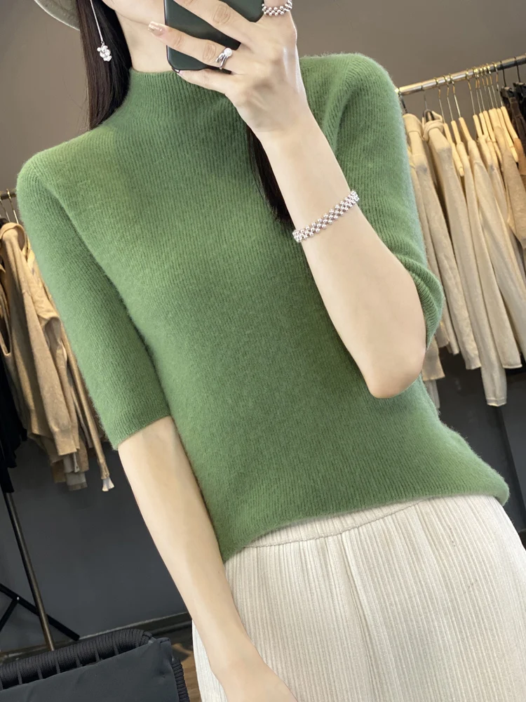 

100% Шерстяной пуловер с воротником-стойкой для весны, осени и зимы, облегающий свитер из чистой шерсти, женский вязаный топ с рукавом до локтя, шерстяной вязаный джемпер