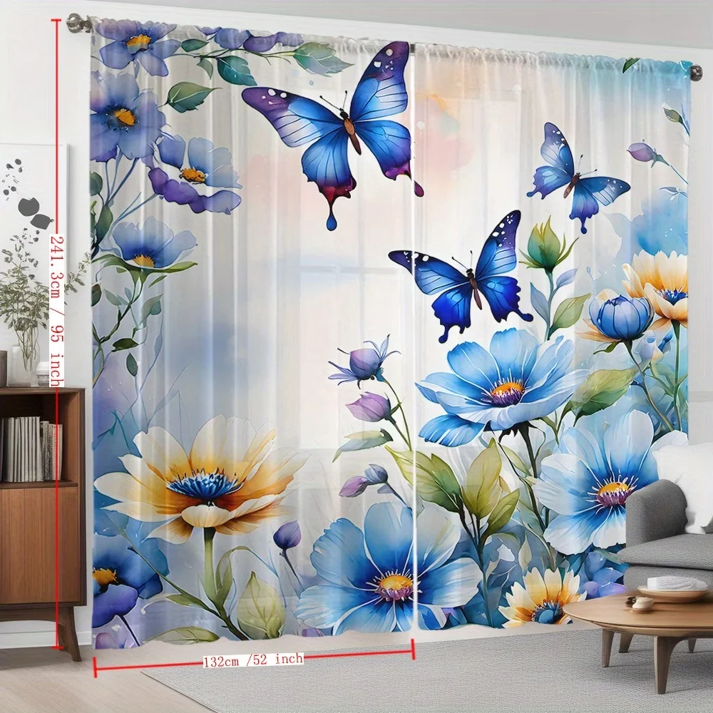 2PCS Digital Printing Sheer Curtain, Forest Trees Misty Mountain Pattern, Nature Scenic Calm Zen Living Room Bedroom Decor