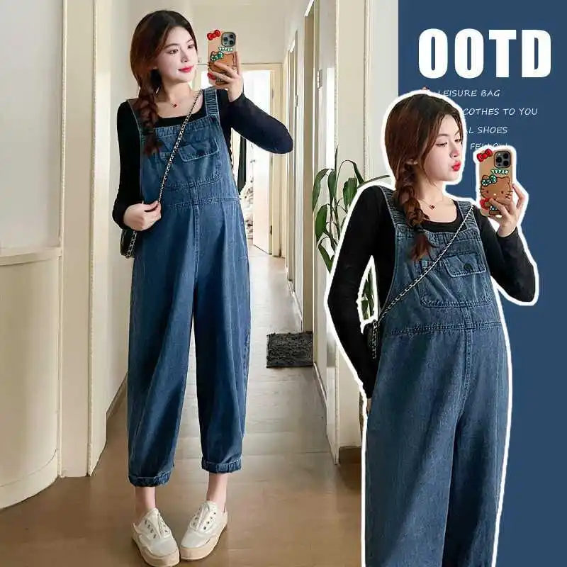 Vintage Denim Maternity Jeans Clothes for Pregnant Women 2024 Spring New Wide Leg Loose Pregnancy Overalls Pants Jumpsuits