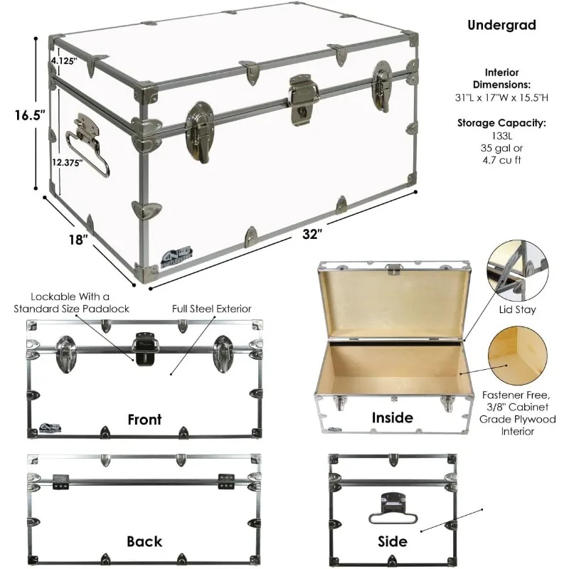 Large Undergrad Storage Trunk W/Cable Lock - Made in The USA - Only STEEL Footlocker on Amazon - Durable Chest with Lid Stay