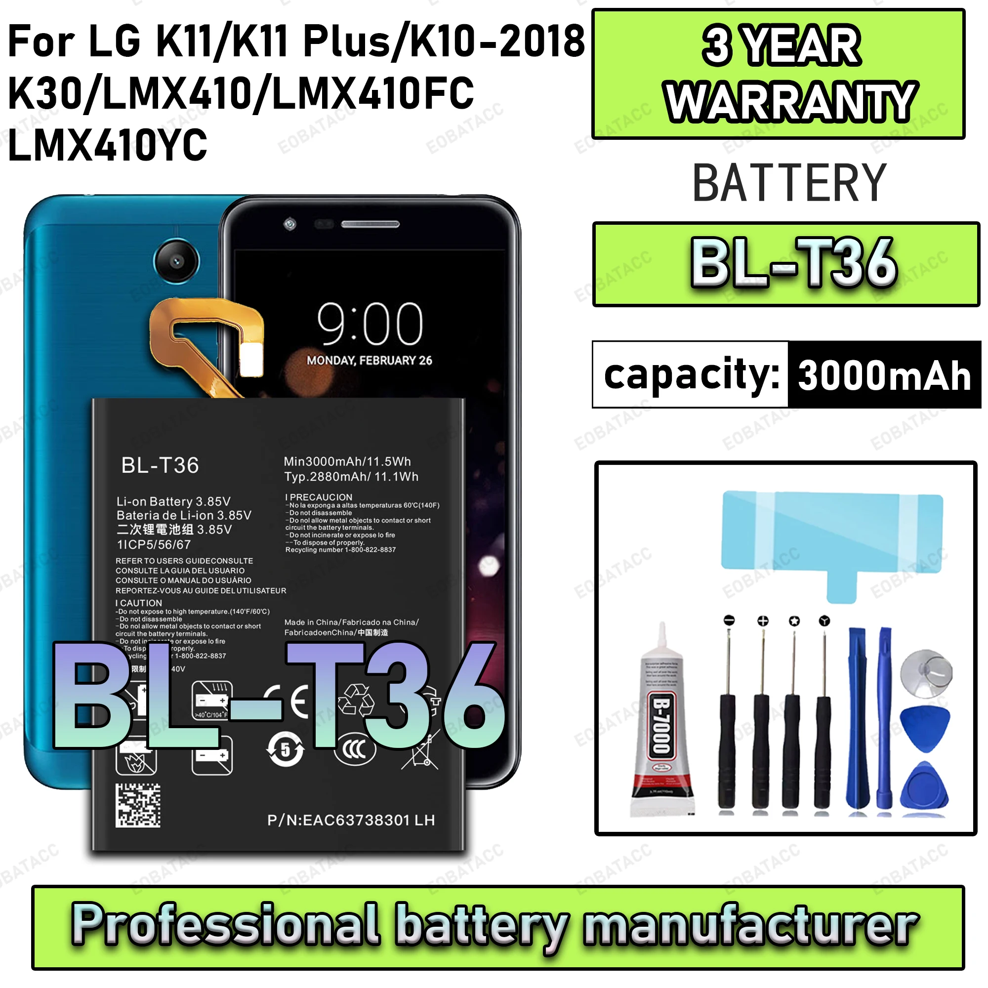 100% Nieuwe Nul Cyclus BL-T36 Batterij Voor LG K11/K11 Plus/K10-2018/K30/LMX410/LMX410FC/LMX410YC Vervanging Bateria + Gratis Tools