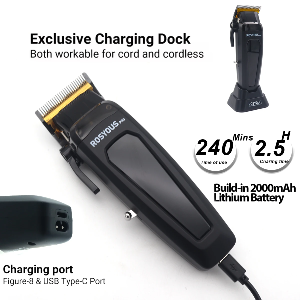 Professional 106 2025 New Hair Clipper 7500RPM 5 lengths Control Hair Salon Trimmer DLC Blade with Charging Base Barber