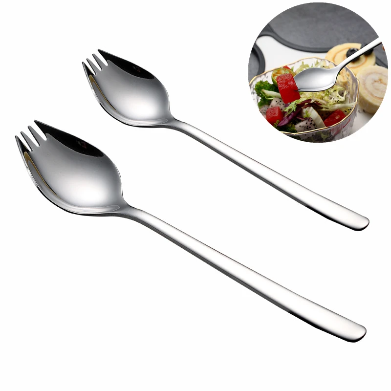 Stainless Steel Fruit Fork Spoon Long Handle Ice Cream Salad Dessert Tableware Convenient Western Multi-Function Silver Spork