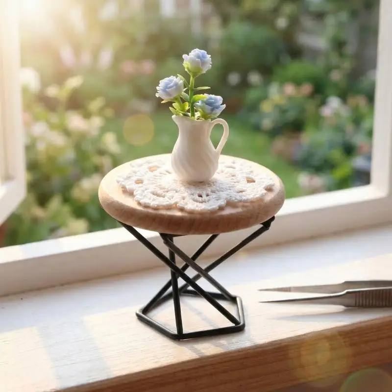 NEW Mini Round Coffee Table Vase Model Set 1/12 Dollhouse Simulation Living Room Furniture Decor Doll House Ornament Accessories
