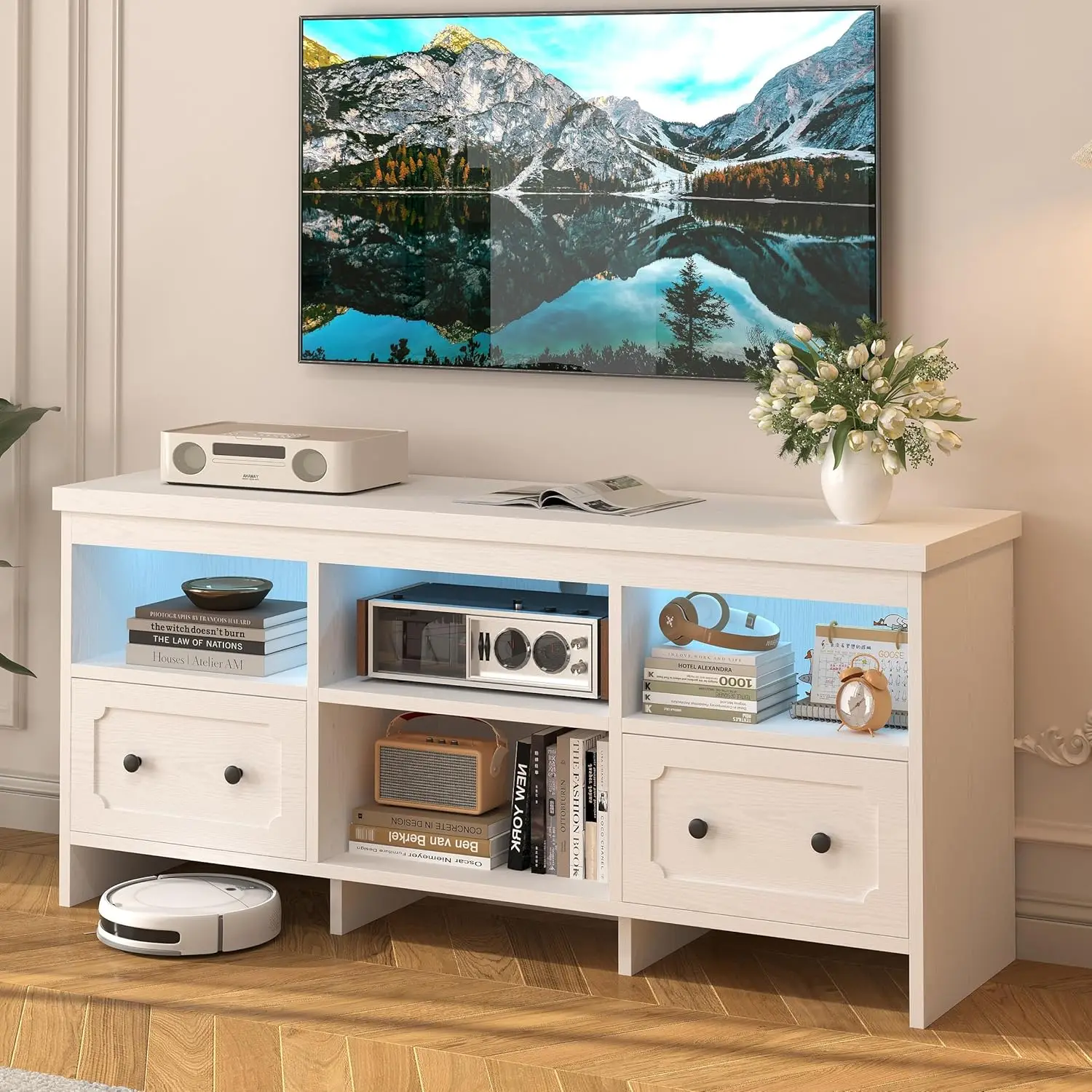

TV Stand for 65 Inch TV,55" LED Entertainment Center with Storage Cabinets,Power Outlets and Open Shelf,Media Console TV Cabinet