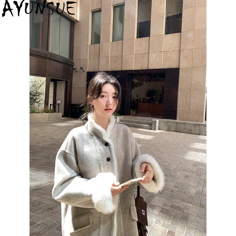 AYUNSUE Double-sided Woolen Coats for Woman Luxury Warm Fur Collar Outerwears Autumn Winter Casual Jacket Woman Clothes Jaqueta