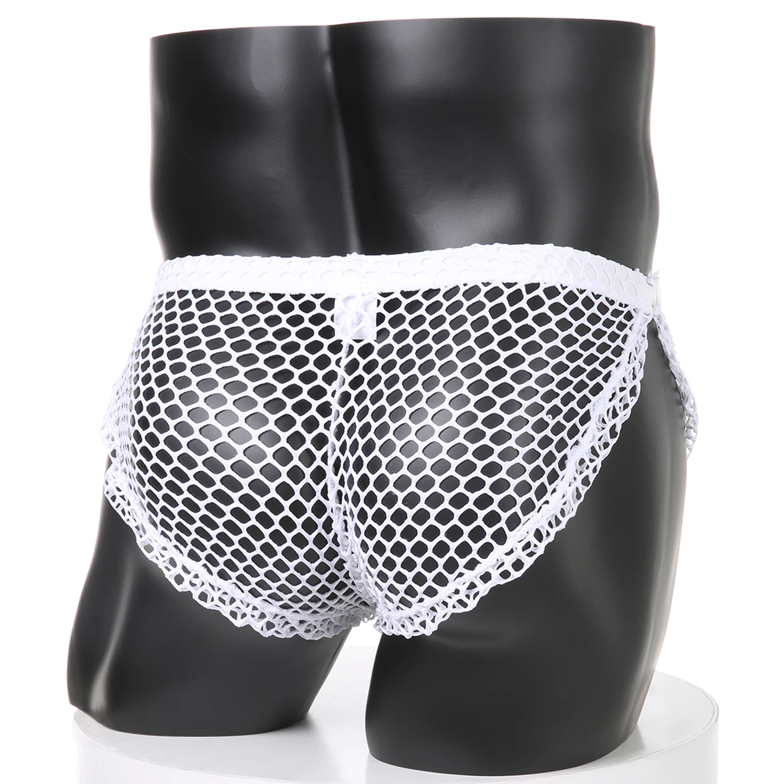 الرجال مثير الجانبين مفتوحة U محدب شبكة أزرار خاطفة سراويل شبكة صيد السمك الجوف عالية الشق سراويل بوكسر انظر من خلال ملابس داخلية شفافة