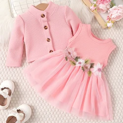 2Piece Spring Autumn Toddler Girl Set Outfit Fashion Flower Mesh Sleeveless Pink Dress+Coat Baby Clothes Newborn Clothing BC1479