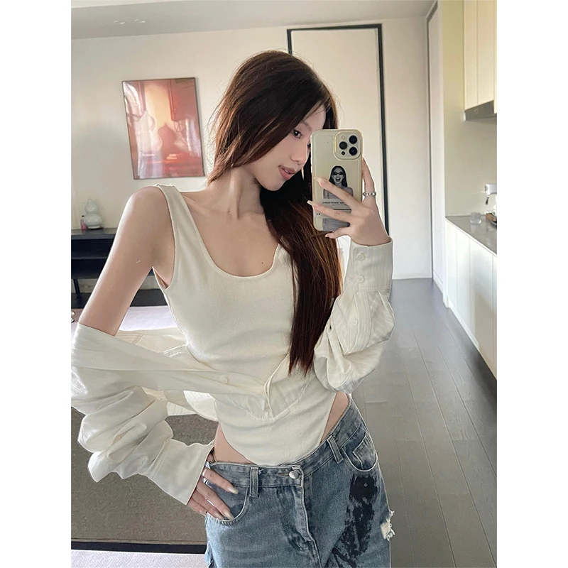 MEXZT Y2K Camicie a righe Moda donna Patchwork sexy Body Gyaru Streetwear Coreano Manica lunga Design sottile Camicette Top Nuovo