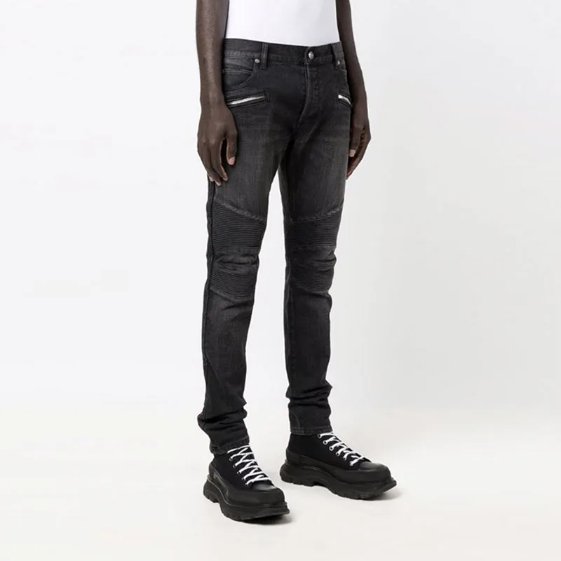 

Slim Fit Men's Jeans Bla Waed Outdated Ribbing Splicing Autumn Winter Youth Faion Casual Long Pants Zipper Decoration