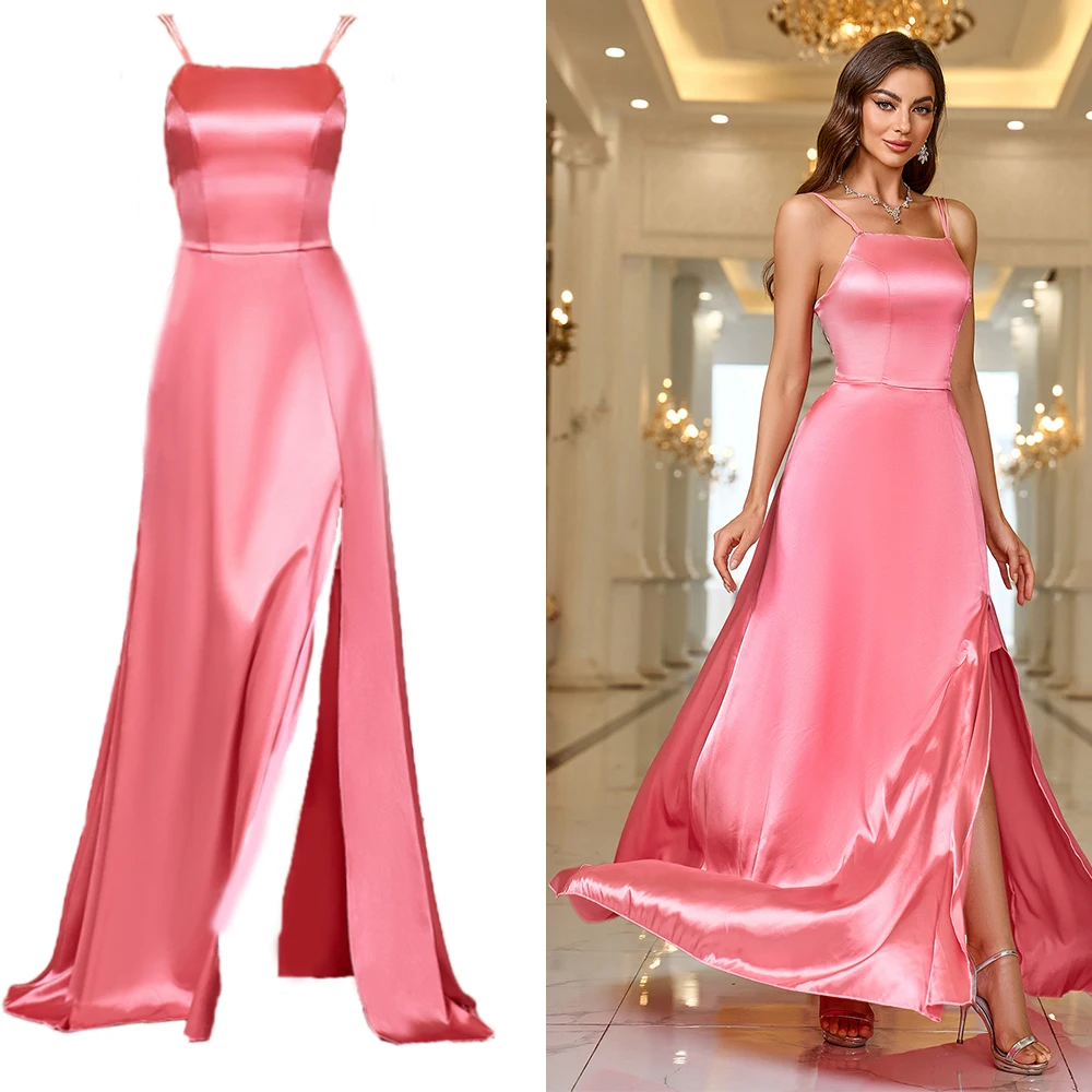 

Women 2024 Pink Sexy Spaghetti Strap Satin Prom Dress Elegant Long Backless A-line Maxi Simple Evening Party Gown Vestidos Gala