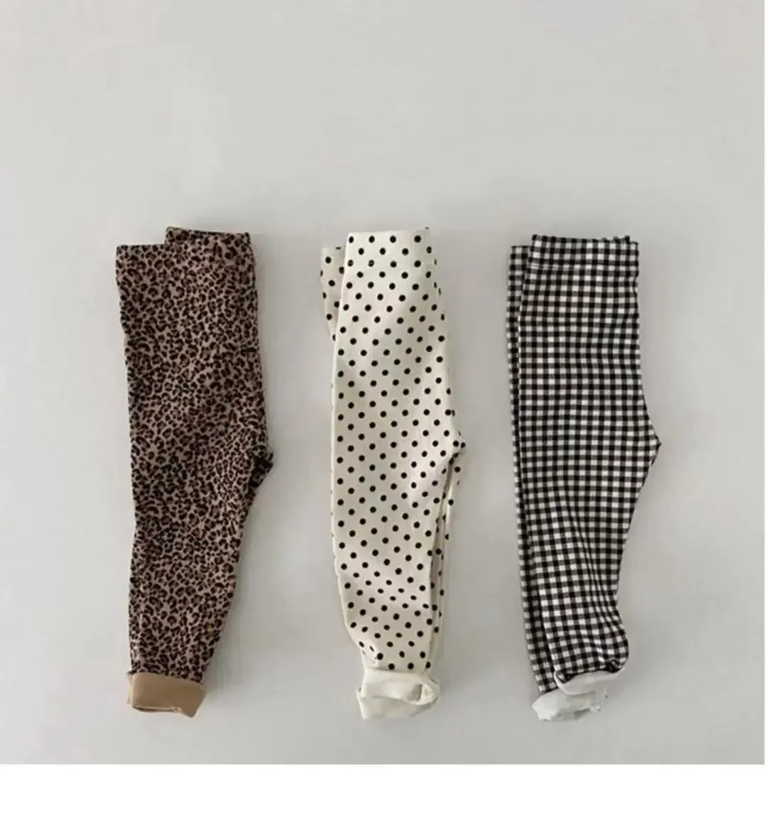 Spring Autumn Korean Style Baby Girls Leggings Stretchy Children Long Pants Polk Dots Leopard Checkered Fashion Kids Trousers