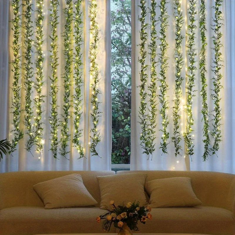 2 Pack Artificial Eucalyptus Garland with Lights, 6Ft/pcs Greenery Garland Fake Eucalyptus for Wedding Backdrop Arch Wall Decor