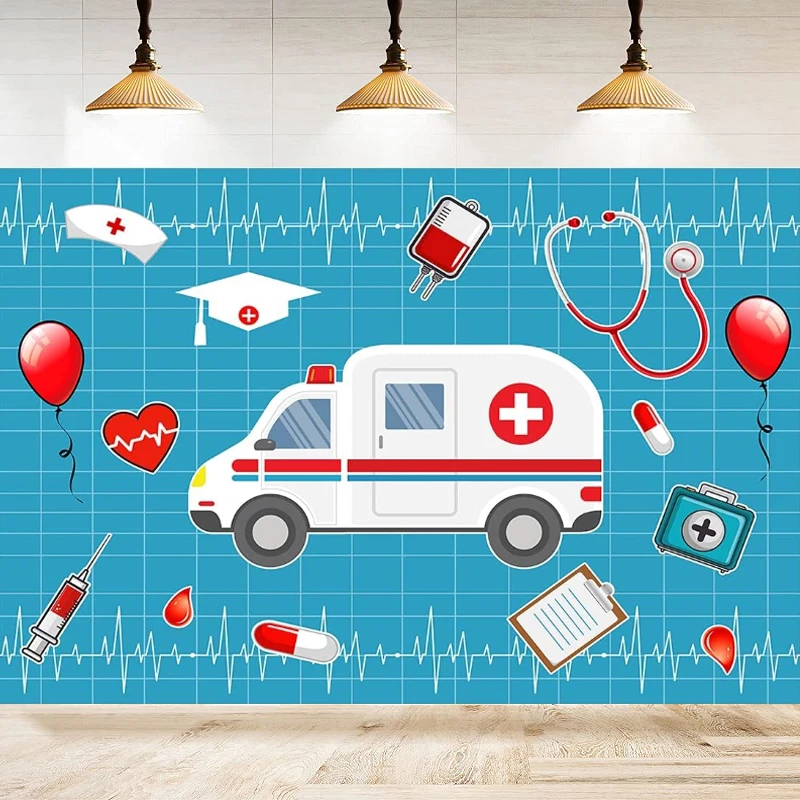 Doctor Nurses Theme Photography Backdrop Hospital Cartoon Ambulance Pill Hearing Aid Print For Studio Banner Decor Background