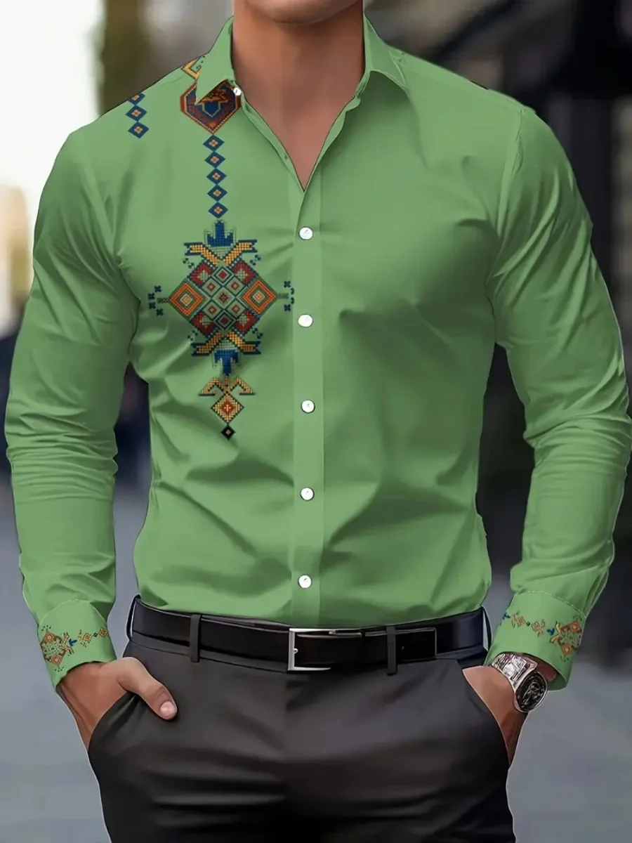 

New men's shirt with tribal pattern print, retro geometric collar, outdoor street long-sleeved business casual shirt