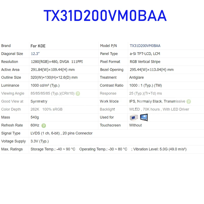 TX31D200VM0BAA 12.3 Inch LCD Display Screen Panel Original for KOE 20 Pins Brand New Fully Tested Fast Shipping