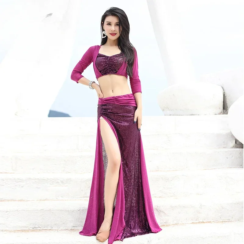 Ensemble d'entraînement de danse du ventre pour femmes, haut à demi-manches à paillettes + jupe longue fendue Sexy, Costumes de spectacle de danse orientale pour adultes, 2 pièces