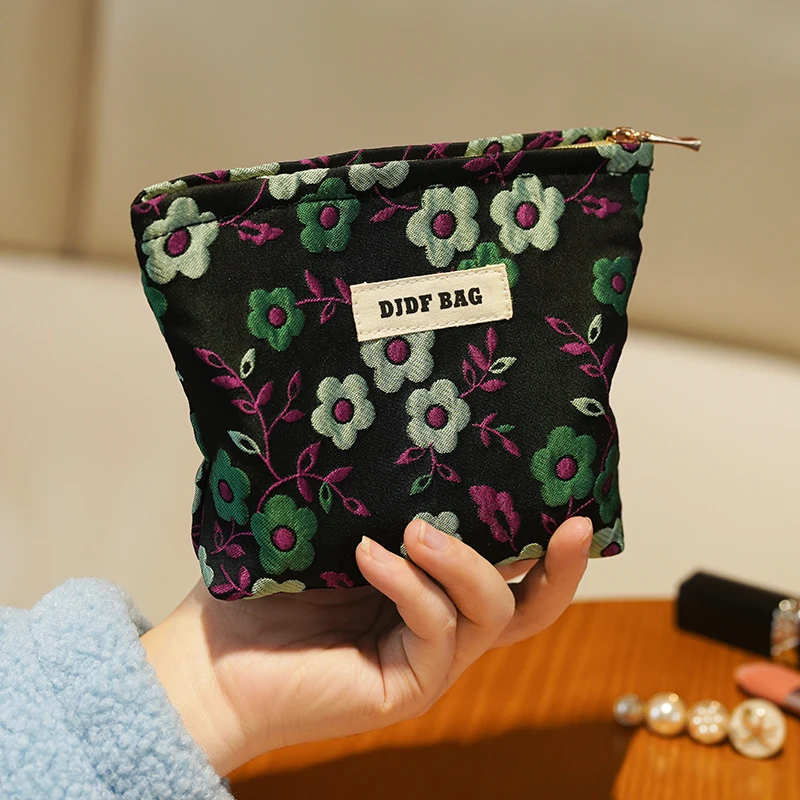 Women\'s Makeup Bag Small Black Flowers Large Capacity Cosmetic Canvas Storage Bag Portable Coin Purse Commuter Card Holder Ins