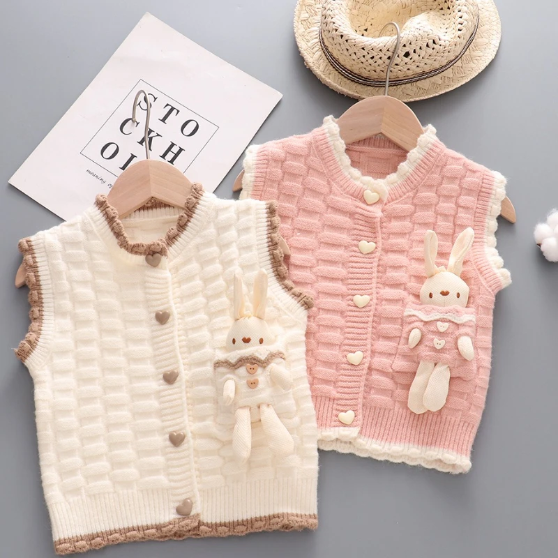 

Осень-зима 2022, новый жилет с рисунком кролика в западном стиле для девочек, украшение на пуговицах в форме сердца