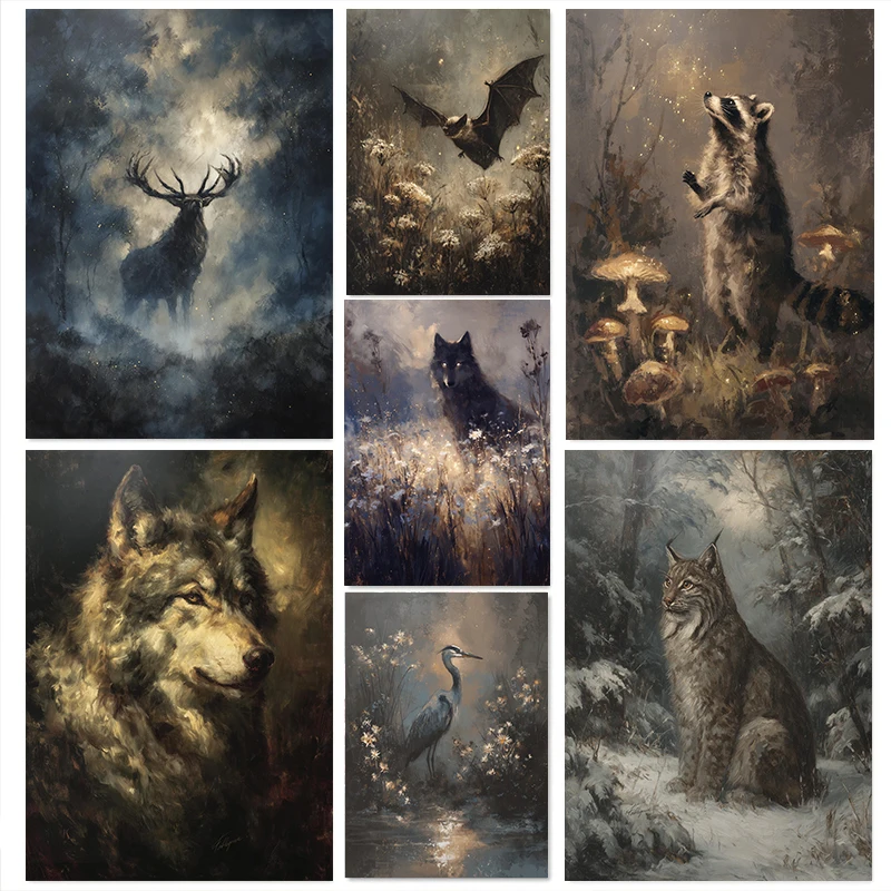 Dark Academia Gothic Animal Arcane Night Bat Misty Magic Deer Still Life Poster Canvas Painting Prints Bedroom Witch Home Decor
