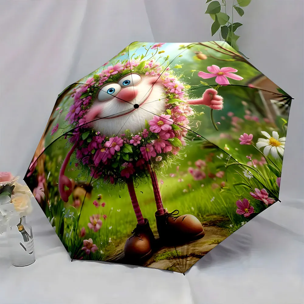 1PC Cartoon Character with Floral Design Umbrella Print 8 Iron Ribs Folding Umbrella Auto-Open Fashion Sunshade
