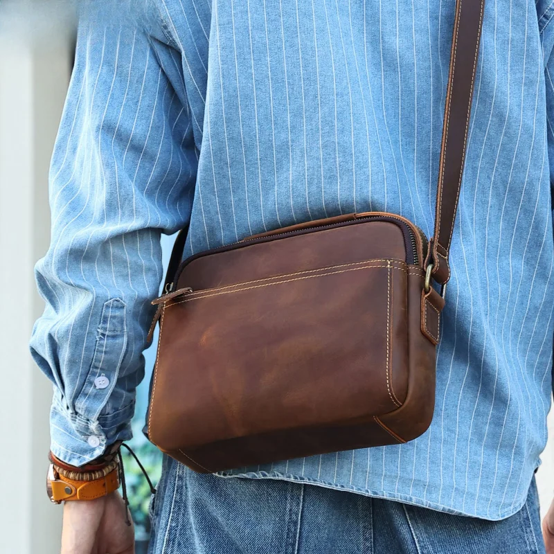 Retro postman bag, wild horse leather, men's cross-body bag, sporty commuting men's bag, genuine leather shoulder bag