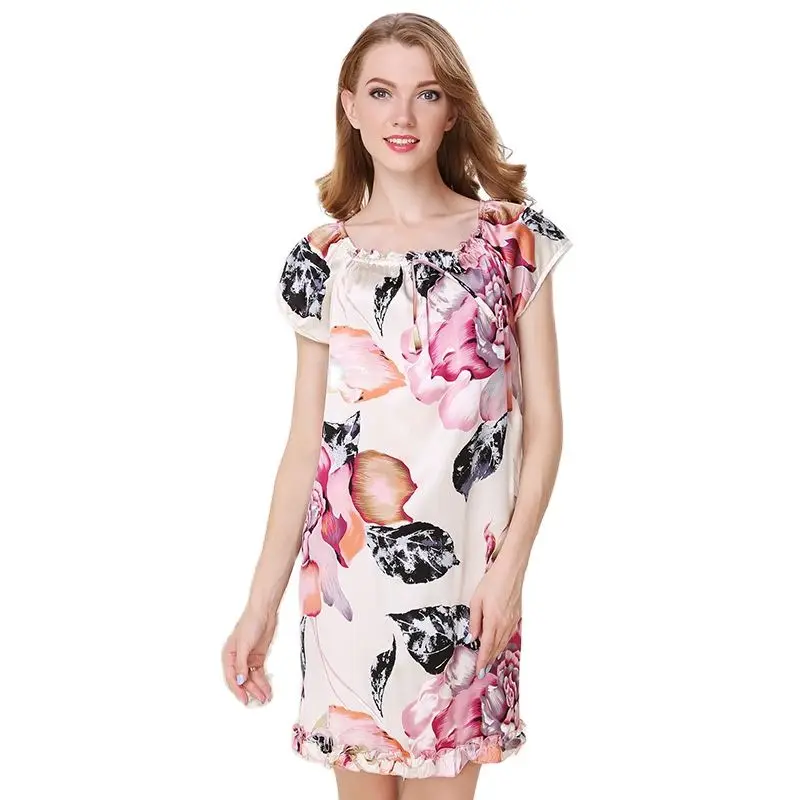 Birdtree 16MM 100%Real Mulberry Silk Nightgown Women Short Sleeve Print Pajama Dress Sleepwear Nightwear New Summer P36722QM